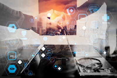 醫(yī)療保健和醫(yī)療服務概念與扁平線 Ar 接口. 聰明的醫(yī)生使用聽診器